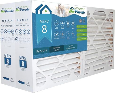 فلتر هواء AirPurete 16x25x4 MERV 8، عبوة من قطعتين، الحجم الفعلي (15.50 × 24.50 × 3.75)، فلتر فرن HVAC مطوي، يناسب أجهزة Lennox وCarrier وBryant وPayne وHoneywell in Kuwait