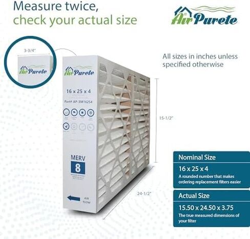 فلتر هواء AirPurete 16x25x4 MERV 8، عبوة من قطعتين، الحجم الفعلي (15.50 × 24.50 × 3.75)، فلتر فرن HVAC مطوي، يناسب أجهزة Lennox وCarrier وBryant وPayne وHoneywell in Kuwait