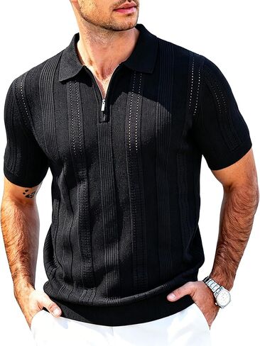 Men's Knit Polo Shirts Short Sleeve Quarter Zipper Polo T Shirts Hollow Out Knit Shirt in Saudi Arabia