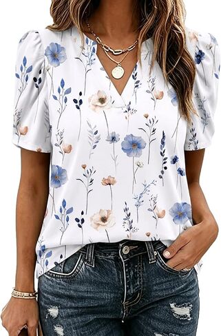 Zeagoo Women Blouses Puff Short Sleeve Tops V Neck Dressy Casual Spring Shirts Boho Floral Cute Clothes 2026 in Saudi Arabia