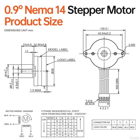 0.9° مستدير Nema 14 محرك متدرج 2 مرحلة عزم دوران عالي 3Ncm(4.25oz·in) ثنائي القطب 8.7Ω 0.5A 15mm 4-سلك رمح 15mm φ5mm 36mm كابل محرك متدرج 0.5M للطابعة ثلاثية الأبعاد DIY Robot CNC Machine in Kuwait