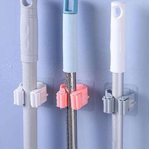 3PCS Mop Broom Holder Hook Wall Mounted Self Adhesive Detachable Non Slip Waterproof Broom Clip Organizer Bathroom Kitchen Garage, White in Saudi Arabia