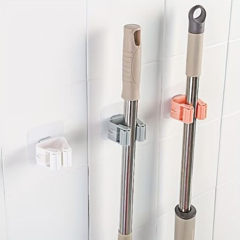 3PCS Mop Broom Holder Hook Wall Mounted Self Adhesive Detachable Non Slip Waterproof Broom Clip Organizer Bathroom Kitchen Garage, White in Saudi Arabia