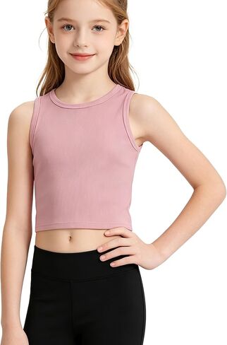 Girls Crop Tank Tops Ribbed Knit Undershirts Crew Neck Dance Top Kids Sleeveless Sports Shirts for Gym Yoga in Saudi Arabia