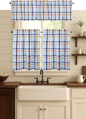 Gingham Check Kitchen Curtains Set - 2 Tiers 26"x36" & Valance 54"x18", Rod Pocket, Semi Sheer Window Curtains for Kitchen, Bathroom, Living Room - Indigo & Aqua Blue, Mustard Yellow in Saudi Arabia