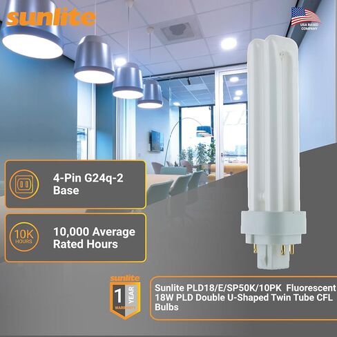 Sunlite Compact Fluorescent PLD 4-Pin Double U-Shaped Twin Tube, 18 Watts, 120 Volts, 1080 Lumens, 5000K Daylight, 4-Pin G24q2 Base, 10 Pack in Kuwait