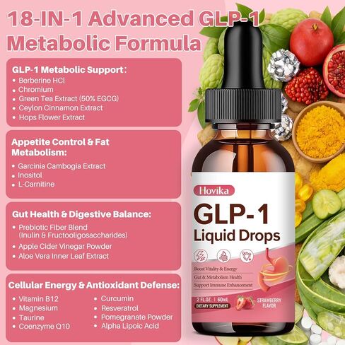 مكمل GLP-1، مكمل GLP-1 لدعم القطرات السائلة مع البربارين والكروم وقرفة سيلان والشاي الأخضر ومستخلص زهرة الجنجل، مكمل GLP-1 لصحة الأمعاء والتمثيل الغذائي، نباتي، نكهة الفراولة، 2 أونصة سائلة in Kuwait