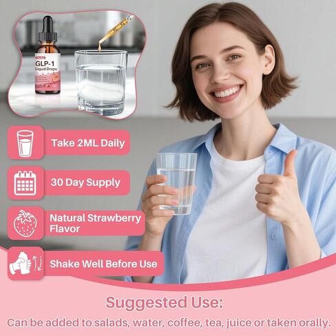 مكمل GLP-1، مكمل GLP-1 لدعم القطرات السائلة مع البربارين والكروم وقرفة سيلان والشاي الأخضر ومستخلص زهرة الجنجل، مكمل GLP-1 لصحة الأمعاء والتمثيل الغذائي، نباتي، نكهة الفراولة، 2 أونصة سائلة in Kuwait