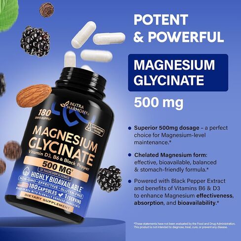 Magnesium Glycinate 500 mg - Chelated Supplement - High Absorption Form of Magnesium - Support for Sleep, Muscle & Heart Health - Made in USA, Lab Tested & Non-GMO - 180 Capsules in Saudi Arabia