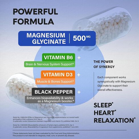 Magnesium Glycinate 500 mg - Chelated Supplement - High Absorption Form of Magnesium - Support for Sleep, Muscle & Heart Health - Made in USA, Lab Tested & Non-GMO - 180 Capsules in Saudi Arabia