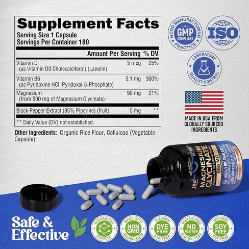 Magnesium Glycinate 500 mg - Chelated Supplement - High Absorption Form of Magnesium - Support for Sleep, Muscle & Heart Health - Made in USA, Lab Tested & Non-GMO - 180 Capsules in Saudi Arabia