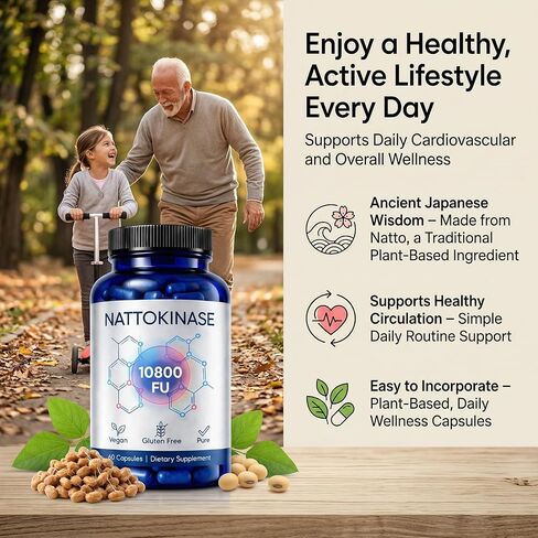 مكمل إنزيم Nattokinase 10800 FU، Nattokinase النهائي مع مستخلص الصويا المخمر نشاط موحد - كبسولة يومية نباتية لروتين العافية ودعم نمط الحياة النشط (1) in Kuwait