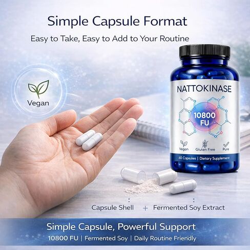 مكمل إنزيم Nattokinase 10800 FU، Nattokinase النهائي مع مستخلص الصويا المخمر نشاط موحد - كبسولة يومية نباتية لروتين العافية ودعم نمط الحياة النشط (1) in Kuwait