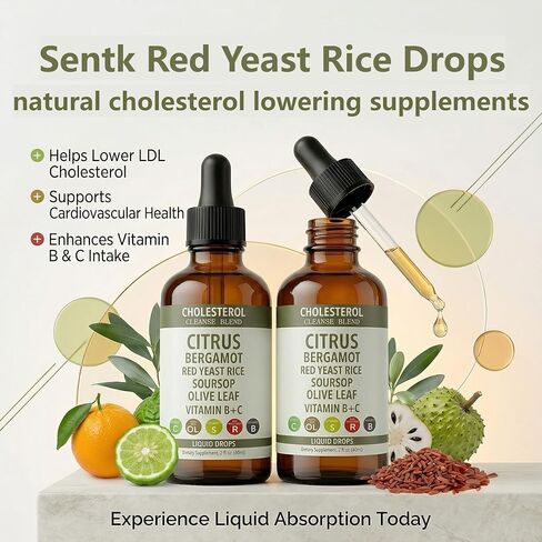 Sentk Red Yeast Rice Drops Citrus Bergamot Liquid, High Absorption Cholesterol Support with Soursop Olive Leaf Vitamin B+C Natural Non-GMO Heart Health Antioxidant Liquid Supplement 2 Fl Oz *2 Pack in Saudi Arabia