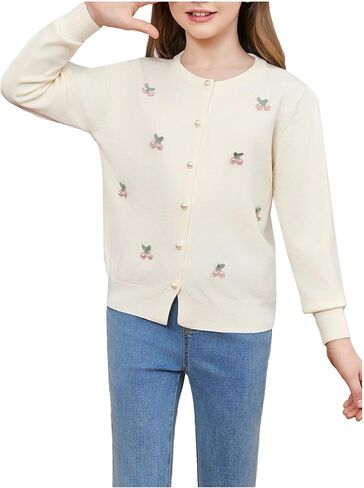 MakeMeChic Girl's Cherry Pearl Cardigan Sweater Button Down Long Sleeve Knit Cute Outerwear in Saudi Arabia