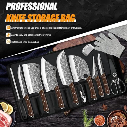 MDHAND Butcher Knife Set, 14PCS Hand Forged Butcher Chef Knife Set with Roll Bag, Heavy Duty Meat Cleaver, Fillet Knives, Meat Cutting Knife for Home Kitchen & Camping BBQ, Gifts for Men Women in Saudi Arabia