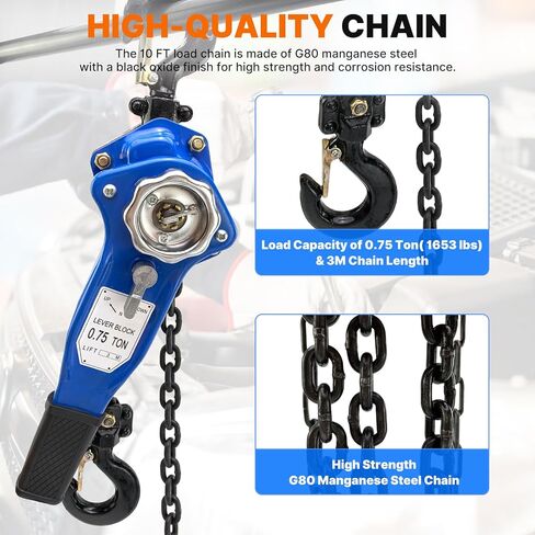 Manual Lever Chain Hoist, 1 Ton 2000LBS Capacity 10 Feet Chains, Manual Ratchet Chain Puller Hoist with 2 Heavy Duty Hooks for Building Garages Warehouse Automotive Machinery in Saudi Arabia