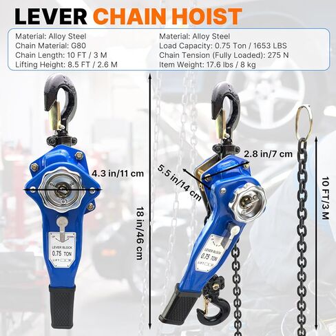 Manual Lever Chain Hoist, 1 Ton 2000LBS Capacity 10 Feet Chains, Manual Ratchet Chain Puller Hoist with 2 Heavy Duty Hooks for Building Garages Warehouse Automotive Machinery in Saudi Arabia