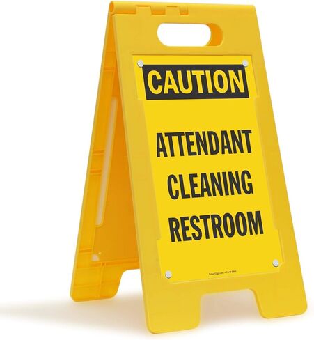 SmartSign 25 x 12 inch “Caution - Attendant Cleaning Restroom" Two-Sided Folding Floor Sign with Falling Symbol, Portable and Lightweight A-Frame, Easy Grip Handle, Plastic, Black and Yellow in Saudi Arabia