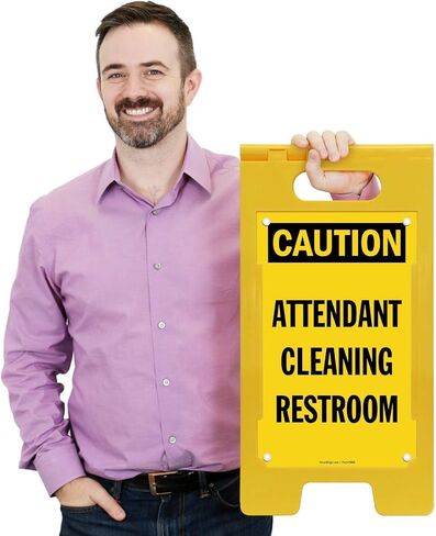 SmartSign 25 x 12 inch “Caution - Attendant Cleaning Restroom" Two-Sided Folding Floor Sign with Falling Symbol, Portable and Lightweight A-Frame, Easy Grip Handle, Plastic, Black and Yellow in Saudi Arabia