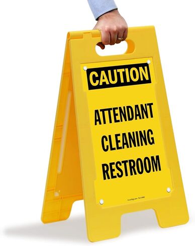 SmartSign 25 x 12 inch “Caution - Attendant Cleaning Restroom" Two-Sided Folding Floor Sign with Falling Symbol, Portable and Lightweight A-Frame, Easy Grip Handle, Plastic, Black and Yellow in Saudi Arabia