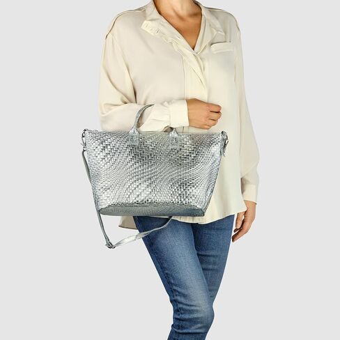 Italian Genuine Metallic Suede Tote Bag for Women with Adjustable Strap & Zip Top | Everyday Woven-Texture Purse in Saudi Arabia