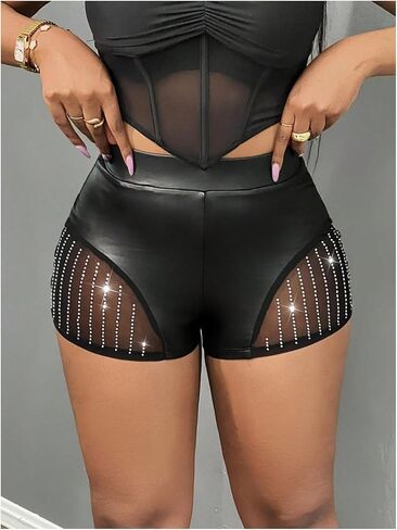 WDIRARA Women's Rhinestone Mesh PU Leather Shorts High Waisted Party Club Rave Skinny Shorts in Saudi Arabia