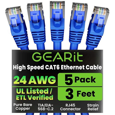 GEARit Cat 6 Ethernet Cable (50-Pack 3 Feet) Cat6 Network Patch, 10Gbps, RJ45, Snagless Cord, Gold-Plated Connectors, Internet for PC, TV, Tablet, Router, Printer, Servers, IT Data Center - Blue in Kuwait