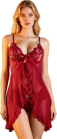 Sexy Night Gowns Babydoll Lingerie Dress For Women Lace Trim Sleep Dress Sheer See-through Lingerie in Saudi Arabia