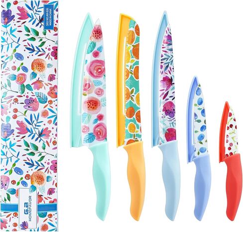 G.a HOMEFAVOR Knife Set, 5-piece Kitchen Knife Set Nonstick Coated with 5 Blade Guard, Multicolored in Saudi Arabia