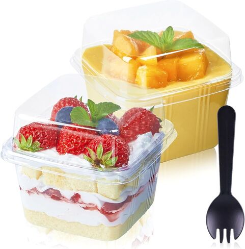 TOFLEN 50Ct 8 oz Square Plastic Dessert Cups with Lids and Sporks, Clear Plastic Yogurt Parfait Cups Cake Cups for Mousse, Fruit, Banana Pudding Cups in Saudi Arabia