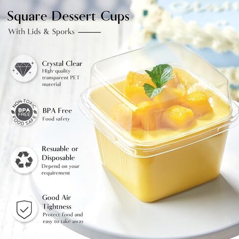 TOFLEN 50Ct 8 oz Square Plastic Dessert Cups with Lids and Sporks, Clear Plastic Yogurt Parfait Cups Cake Cups for Mousse, Fruit, Banana Pudding Cups in Saudi Arabia
