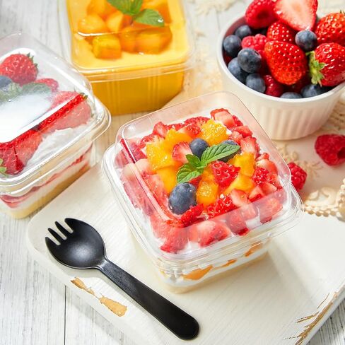 TOFLEN 50Ct 8 oz Square Plastic Dessert Cups with Lids and Sporks, Clear Plastic Yogurt Parfait Cups Cake Cups for Mousse, Fruit, Banana Pudding Cups in Saudi Arabia