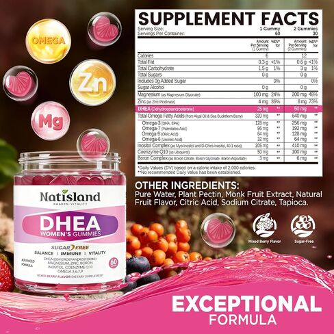 مكمل DHEA للنساء، DHEA 50 مجم مع أوميغا 3، مزيج المغنيسيوم ومضادات الأكسدة، يدعم توازن الهرمونات، الشيخوخة الصحية، المناعة والطاقة، DHEA 25 مجم لكل علكة، غير معدل وراثيًا، خالي من السكر، 60 قيراط in Saudi Arabia