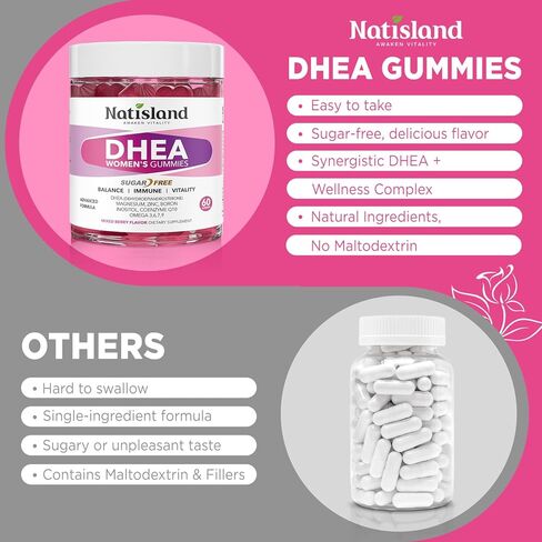 مكمل DHEA للنساء، DHEA 50 مجم مع أوميغا 3، مزيج المغنيسيوم ومضادات الأكسدة، يدعم توازن الهرمونات، الشيخوخة الصحية، المناعة والطاقة، DHEA 25 مجم لكل علكة، غير معدل وراثيًا، خالي من السكر، 60 قيراط in Saudi Arabia