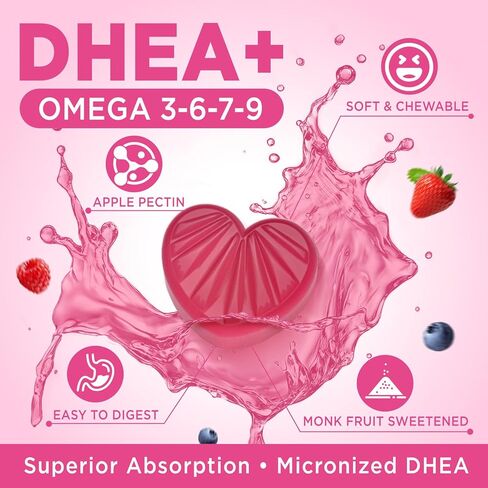 مكمل DHEA للنساء، DHEA 50 مجم مع أوميغا 3، مزيج المغنيسيوم ومضادات الأكسدة، يدعم توازن الهرمونات، الشيخوخة الصحية، المناعة والطاقة، DHEA 25 مجم لكل علكة، غير معدل وراثيًا، خالي من السكر، 60 قيراط in Saudi Arabia