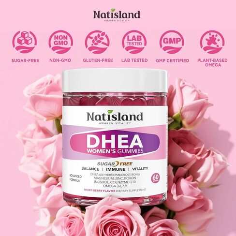 مكمل DHEA للنساء، DHEA 50 مجم مع أوميغا 3، مزيج المغنيسيوم ومضادات الأكسدة، يدعم توازن الهرمونات، الشيخوخة الصحية، المناعة والطاقة، DHEA 25 مجم لكل علكة، غير معدل وراثيًا، خالي من السكر، 60 قيراط in Saudi Arabia