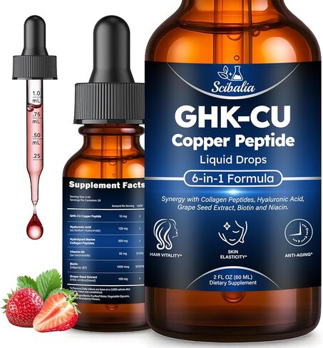 GHK-CU الببتيدات مكمل قطرة عن طريق الفم، برو 6 في 1 GHK CU الببتيدات النحاسية مع الكولاجين البحري المتحلل وحمض الهيالورونيك والبيوتين ومستخلص بذور العنب لنمو الشعر ومرونة الجلد ومكافحة الشيخوخة للنساء والرجال in Kuwait