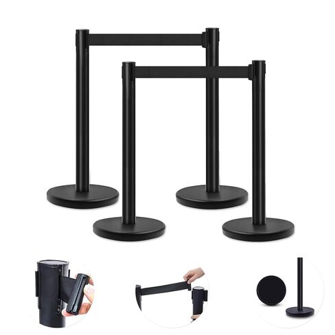 4Pcs Crowd Control Stanchion Set, 90CM Height Black Crowd Control Barrier with 6.6 FT/2M Black Retractable Belt and Plastic Base for Store Queues, Airport Lines, Event Entries in Saudi Arabia