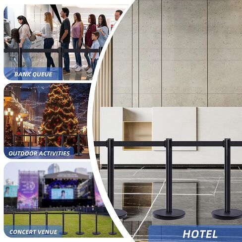 4Pcs Crowd Control Stanchion Set, 90CM Height Black Crowd Control Barrier with 6.6 FT/2M Black Retractable Belt and Plastic Base for Store Queues, Airport Lines, Event Entries in Saudi Arabia