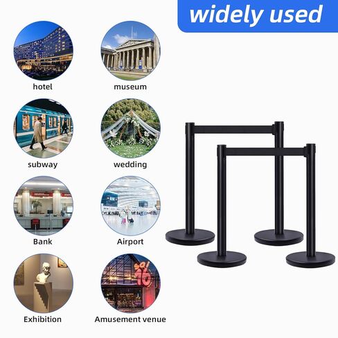 4Pcs Crowd Control Stanchion Set, 90CM Height Black Crowd Control Barrier with 6.6 FT/2M Black Retractable Belt and Plastic Base for Store Queues, Airport Lines, Event Entries in Saudi Arabia