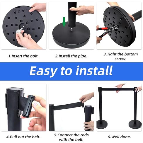 4Pcs Crowd Control Stanchion Set, 90CM Height Black Crowd Control Barrier with 6.6 FT/2M Black Retractable Belt and Plastic Base for Store Queues, Airport Lines, Event Entries in Saudi Arabia