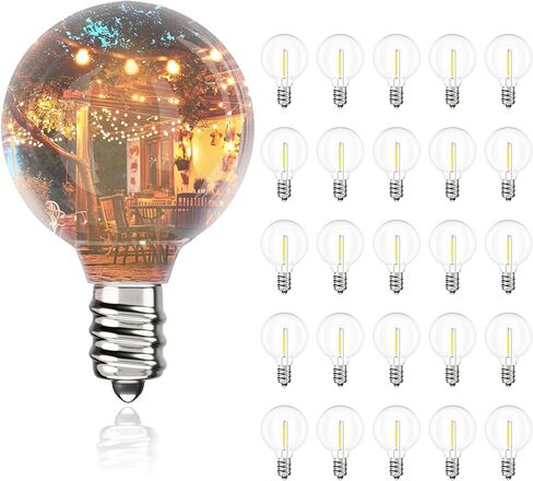 مصابيح بديلة Svater G40 LED لأضواء سلسلة خارجية، 25 حزمة من مصابيح الكرة الأرضية المقاومة للكسر، E12/C7 لمبات إضاءة Edison ذات قاعدة لولبية لديكور الفناء الداخلي والخارجي، أبيض دافئ 2700K in Saudi Arabia