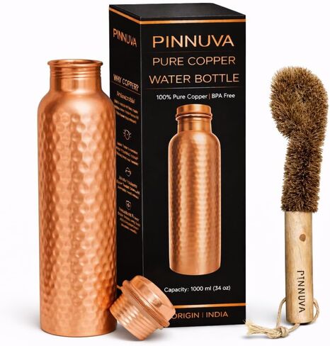 100% Pure Copper Water Bottle for Drinking – 34 oz – Extra Large, Hammered Ayurvedic Water Bottle, Handmade Leak-Proof Wide Mouth Design, Reusable & BPA-Free, Free Cleaning Brush in Saudi Arabia