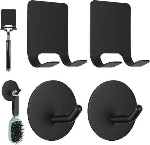 Qianyu Razor Holder Stainless Steel Shower Hooks + Heavy Duty Adhesive Waterproof Wall Hooks Bathroom for Razor Loofah Sponge Towels Coats Hats (4 Pack) - Black in Saudi Arabia