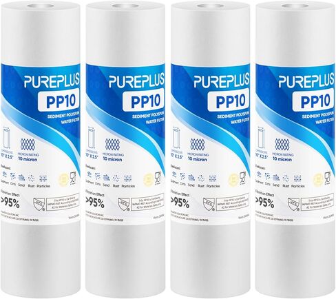 PUREPLUS 10 ميكرون 10 بوصة × 2.5 بوصة استبدال خرطوشة فلتر المياه المنزلية للرواسب المنزلية بالكامل لأي وحدة RO مقاس 10 بوصة، Culligan P5، Aqua-Pure AP110، Dupont WFPFC5002، CFS10، WHKF-G05، 4 عبوات in Kuwait