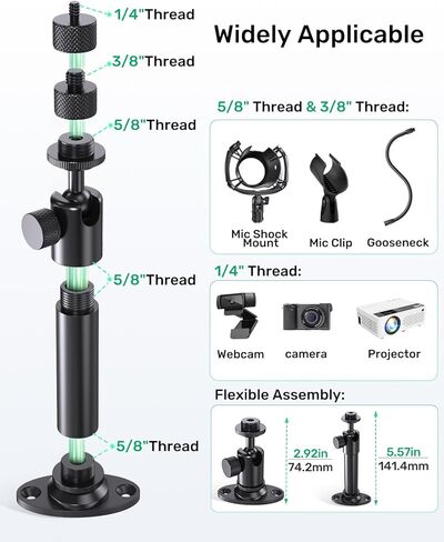 Microphone Wall Mount Bracket with Ball Head, 360° Swivel Mic Mount with 5/8"-27, 1/4" & 3/8" Screw Adapters, Flange & Ceiling Mount for Mics, Webcams and Lights, Ideal for Studio, Podcasting, Church in Saudi Arabia