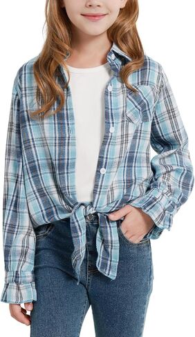 Girls Long Sleeve Flannel Plaid Shirt Casual Button Down Shirts Tie Front Collared Blouse Tops (5-12 Years) in Saudi Arabia