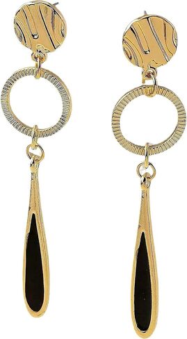Elegant Gold Drop Earrings, Textured Disc and Circle Design, Black Teardrop Accent in Saudi Arabia