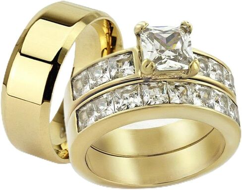 Marimor Jewelry His and Her 14K Gold Plated Stainless Steel 3 Piece Wedding Engagement Ring and Men's Band Set in Saudi Arabia
